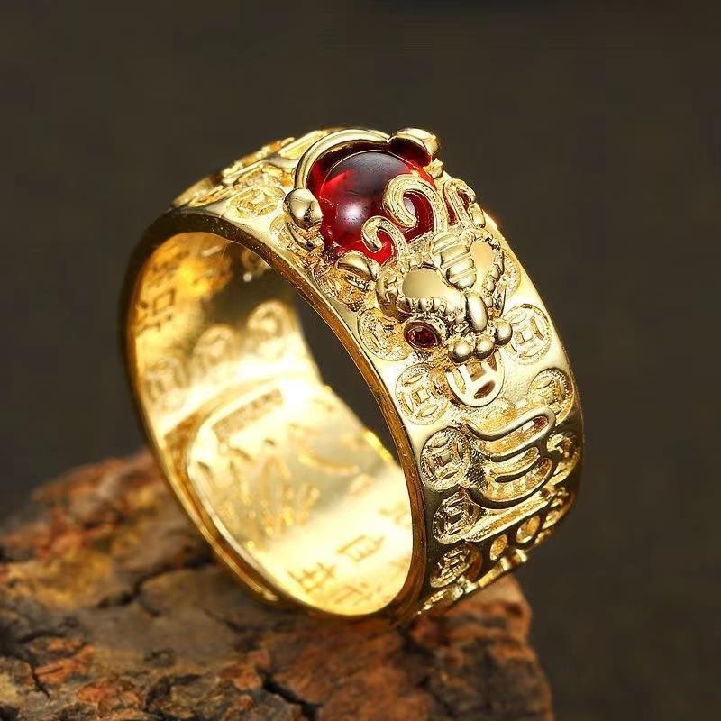 Retro Thái Bạc May Mắn Chuyển Pixiu Nhẫn Nam Nữ 24K Vàng Garnet Hợp Thời Trang Sáu Xương Rồng Mantra Mở Nhẫn Cũ