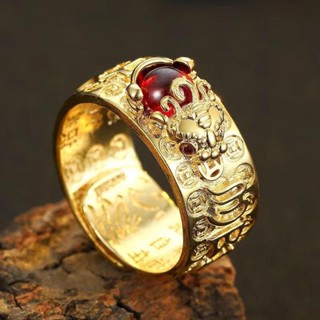 Retro Thái Bạc May Mắn Chuyển Pixiu Nhẫn Nam Nữ 24K Vàng Garnet Hợp Thời Trang Sáu Xương Rồng Mantra Mở Nhẫn Cũ