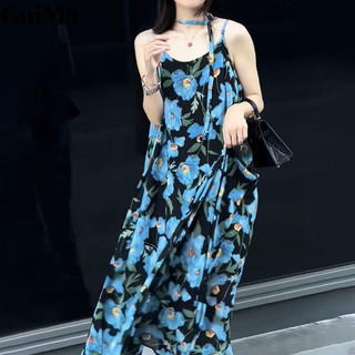 Guima Váy dài kiểu Pháp phong cách mới với váy treo không tay hoa xanh chất lượng cao dành cho nữ
