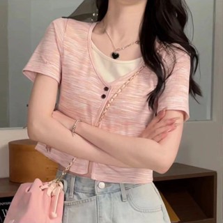 Áo Phông Ngắn Tay SọC CầU VồNg Ngọt Ngào Trang Phục Nữ Áo Cổ Tròn Tôn Dáng Mùa Hè Giả Áo Hai Nút Thiết Kế