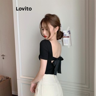Áo thun Lovito hở lưng buộc nơ sau lưng màu trơn phong cách thường ngày dành cho nữ LNE55598
