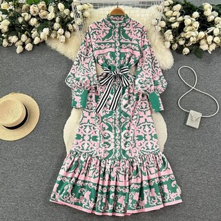 Phụ Nữ Thanh Lịch Dự Tiệc Mùa Xuân Thu Retro Mỏng Đứng Cổ Áo Dài Tay In Hình Đầm ôm Thời Trang Vintage Áo Dài