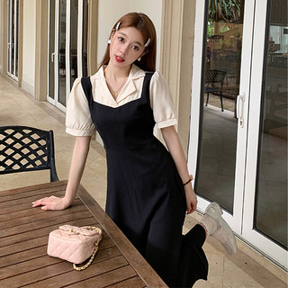 Váy cottagecore Đầm babydoll Váy body dáng dài Phong Cách Mới Tương Phản Màu Khâu Giả Hai Mảnh Tay Hẹp Ren-Up A