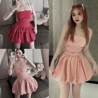 Sét áo cúp ngực xoè chân váy bí kẻ caro hồng cam dễ thương, Váy trễ vai ôm xoè đi chơi đi biển dự tiệc hàn quốc, EYE