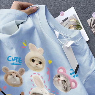  Áo phông nữ xanh form rộng mùa hè local brand SALMO cổ tròn áo thun in hình cute mèo con 100% cotton Y0604 