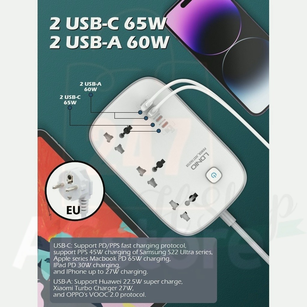 Ổ cắm điện LDNIO 65W  SC3416  EU Sạc Đa Năng Nối Dài 3250W Siêu Ổ Cắm Với USB C Sạc Nhanh PD65W MAX 