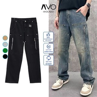 Quần Bò Jean Nam Ống Suông Rộng Phối Khóa Kép Màu Bụi Avocado, Quần dài baggy ống rộng nam nữ Retro Vintage cao cấp đẹp