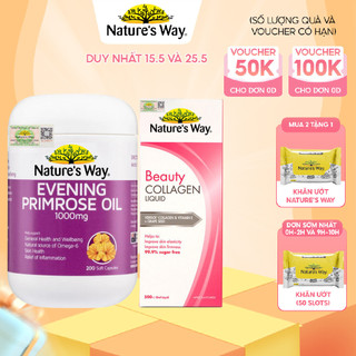 Combo làm đẹp Nature's Way Evening Primrose Oil và Collagen Liquid, tinh dầu hoa anh thảo và collagen dạng nước