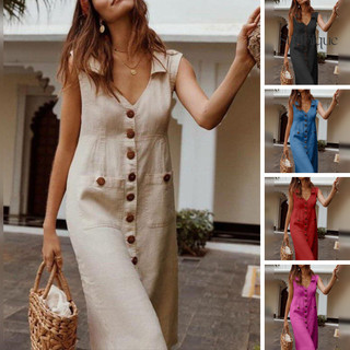 Stitchique _ Mùa Hè Nữ Ve Áo Cổ Chữ V Áo Sơ Mi Không Tay Đơn Có Vú Túi Màu Trơn Midi Đầm Dạo Phố