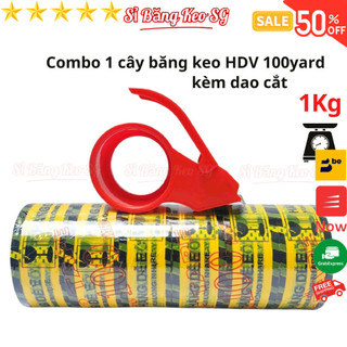  SKU89 - Combo 1 cây băng keo hàng dễ vỡ 100yard kèm dao cắt nặng 1kg lõi giấy 5mm rộng 4,7cm mỗi cây 6 cuộn 