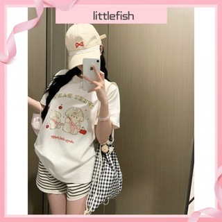 [Littlefish] Áo thun ngắn tay in hình mèo dễ thương mùa hè Hàn Quốc giản dị Cotton nguyên chất Áo thun ngắn tay ngọt ngào dành cho sinh viên 