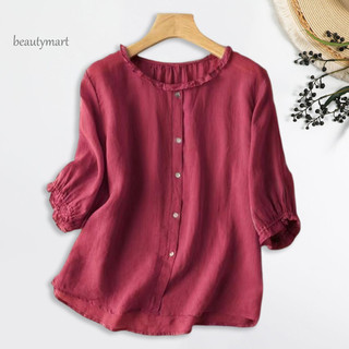 Bm Cổ Tròn Top Nữ Áo Sơ Mi Màu Trơn Phong Cách Nữ Rời Phù Hợp Với Áo Sơ Mi Viền Ruffle Nút Hợp Thời Trang Ba Phần Tư Áo Sơ Mi Tay Cho Thời Trang Đông Nam Á