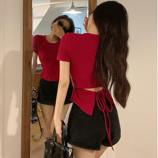 Phong Cách Hồng Kông Thiết Kế Không Thắt Lưng Áo Thun Nữ Mùa Hè Phong Cách Mới Cổ Tròn Top Hợp Thời Trang