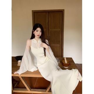 Váy Liền Đuôi Cá Dệt Kim Dáng Dài Cổ Đứng Kiểu Mới Kiểu Trung Quốc, Áo Cardigan Dài Tay, Bộ Hai Chiếc Thời Trang Mẫu Mới