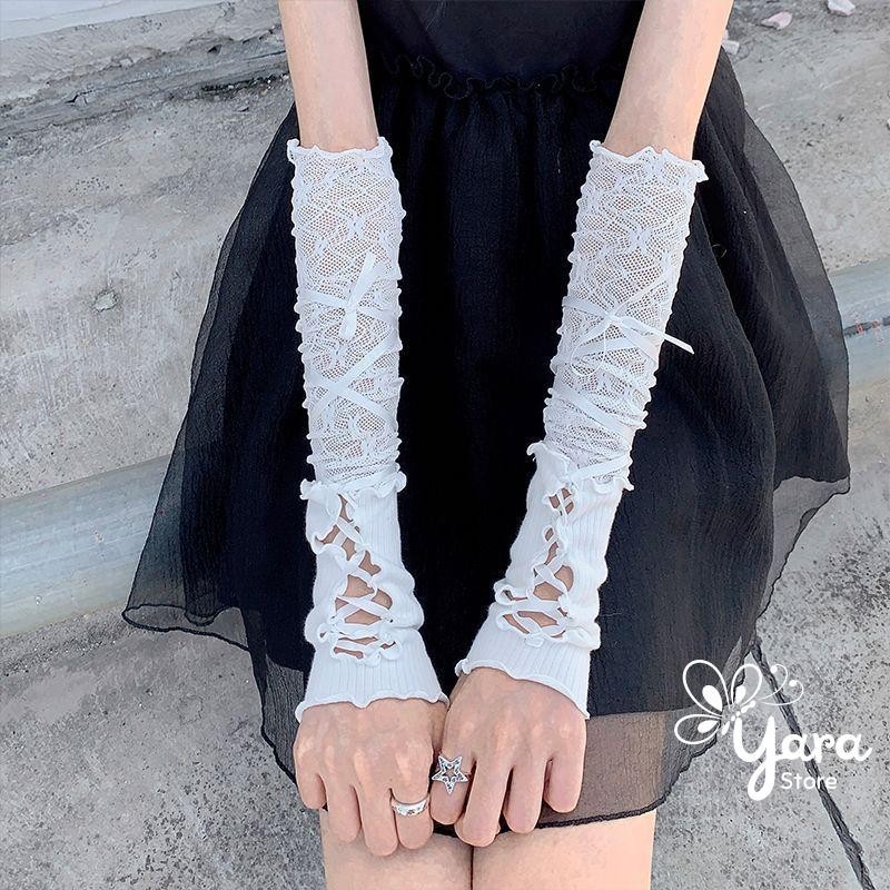Găng Tay Phối Ren Và Dây Ruy Băng Mỏng Phong Cách Y2k - Yara Store