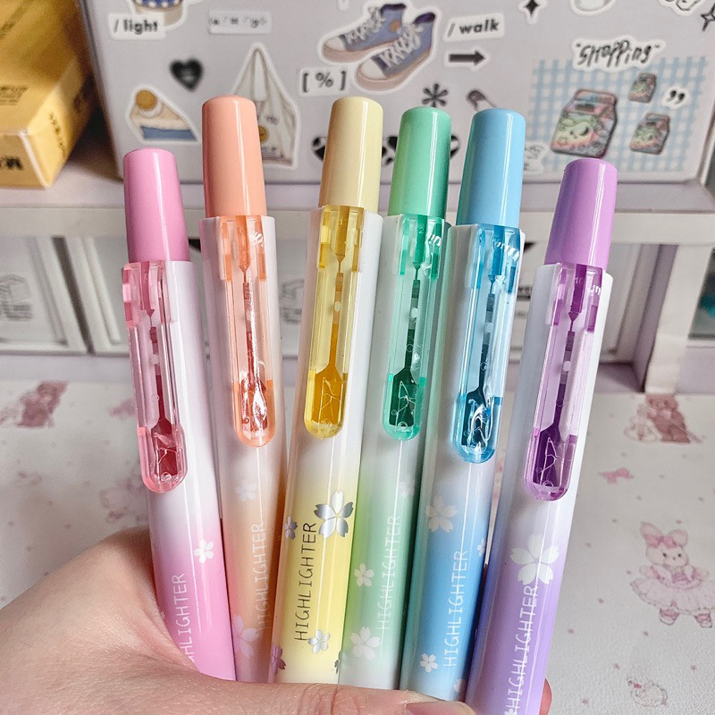 Bút highlight dạng bấm màu sắc pastel tươi sáng, set 6 bút highlight Pareavpp