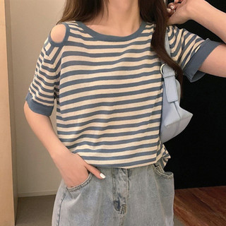 Áo trễ vai Áo coquette tay ngắn Áo Sơ Mi Sọc Tay Ngắn Nữ Mùa Hè Phiên Bản Hàn Quốc Rời Sinh Viên Nửa Tay