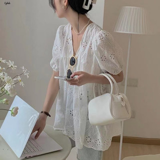 Áo Kiểu Tay Phồng Cổ Chữ v Phối Ren Dáng Rộng Thời Trang Hàn Quốc Cho Nữ