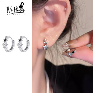 We flower Bông Tai Bạc s925 Hình Ngôi Sao / Tròn Đính Pha Lê Màu Đen Thời Trang Cho Nữ