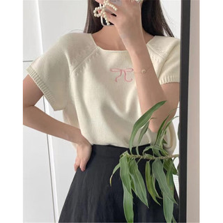 Kii Wii Phiên Bản Mùa Hè Hàn Quốc Nhẹ Nhàng Tính Khí Tương Phản Màu Nơ In Áo Thun Nữ Tay Ngắn Dệt Kim 240704
