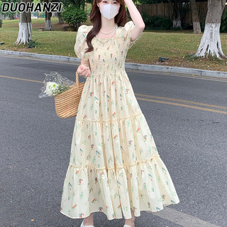 Duohanzi Váy hoa ngọt ngào nữ phong cách Hàn Quốc một dòng cổ áo phồng tay áo eo co giãn