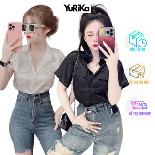 Áo somi nữ tay ngắn YuRi - Áo somi lụa tay ngắn họa tiết LV