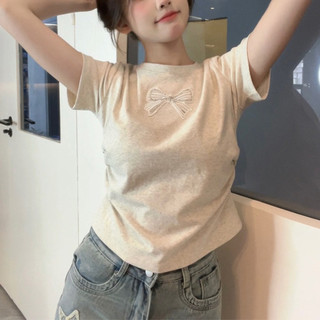 Áo thun Cotton mùa hè thời trang Thiết kế nơ ngắn tay xếp ly Áo thun eo