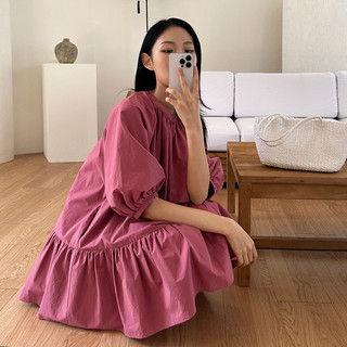 Váy tay bong bóng cổ tròn, áo chui đầu phong cách Hàn Quốc, túi vô hình, váy dài vừa phải 21053