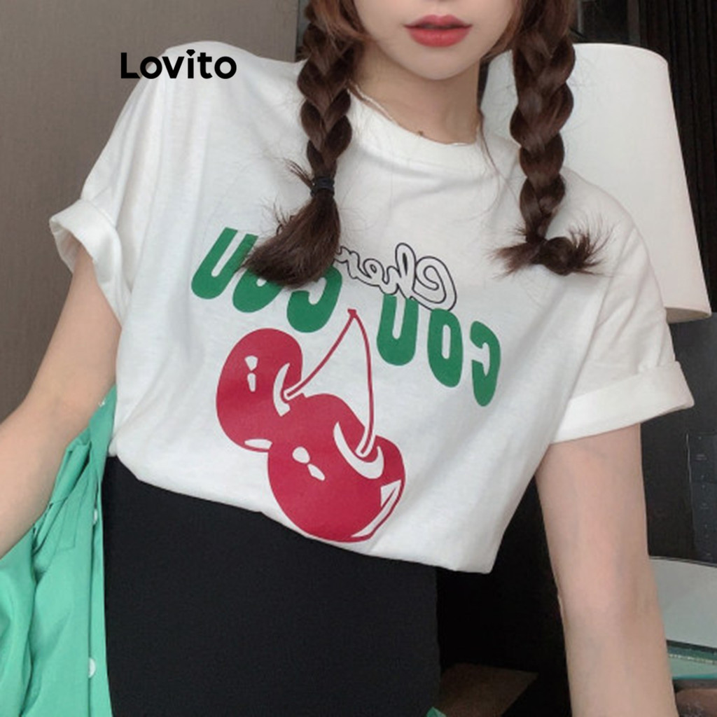 Lovito Áo thun họa tiết hoa quả & rau quả thông thường dành cho nữ LNA56148