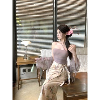 Bộ Đồ Phong Cách Trung Quốc Mới Màu Trơn Áo Ống Lưới Dễ Phối Trong Suốt Áo Cardigan Cổ Điển Chân Váy In Họa Tiết Thiền N