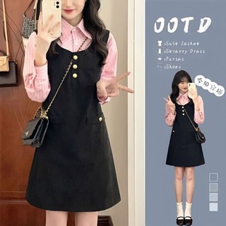 Set Áo Sơ Mi Dài Tay Kẻ Sọc+Váy Yếm Phong Cách Hàn Quốc