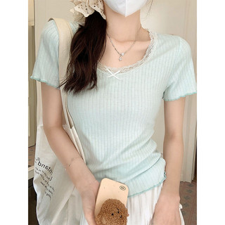 Bm Phong Cách Xanh Ngọt Ngào Hot Girl Cổ Chữ U Áo Phông Xương Đòn Ren Xù Tay Ngắn Nữ Thiết Kế Xuân Hè Cảm Giác Vai Giảm Béo BM Nhỏ Top