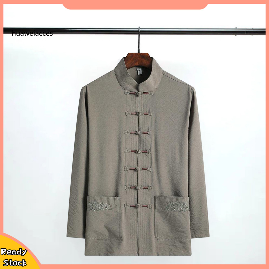 [Hw] Tang Suit Style Áo sơ mi nam thêu hàng đầu phong cách Trung Quốc Cổ đứng Đường Phù hợp với áo sơ mi dành cho nam trung niên Vintage dáng rộng vừa vặn với túi mềm Tay dài một ngực