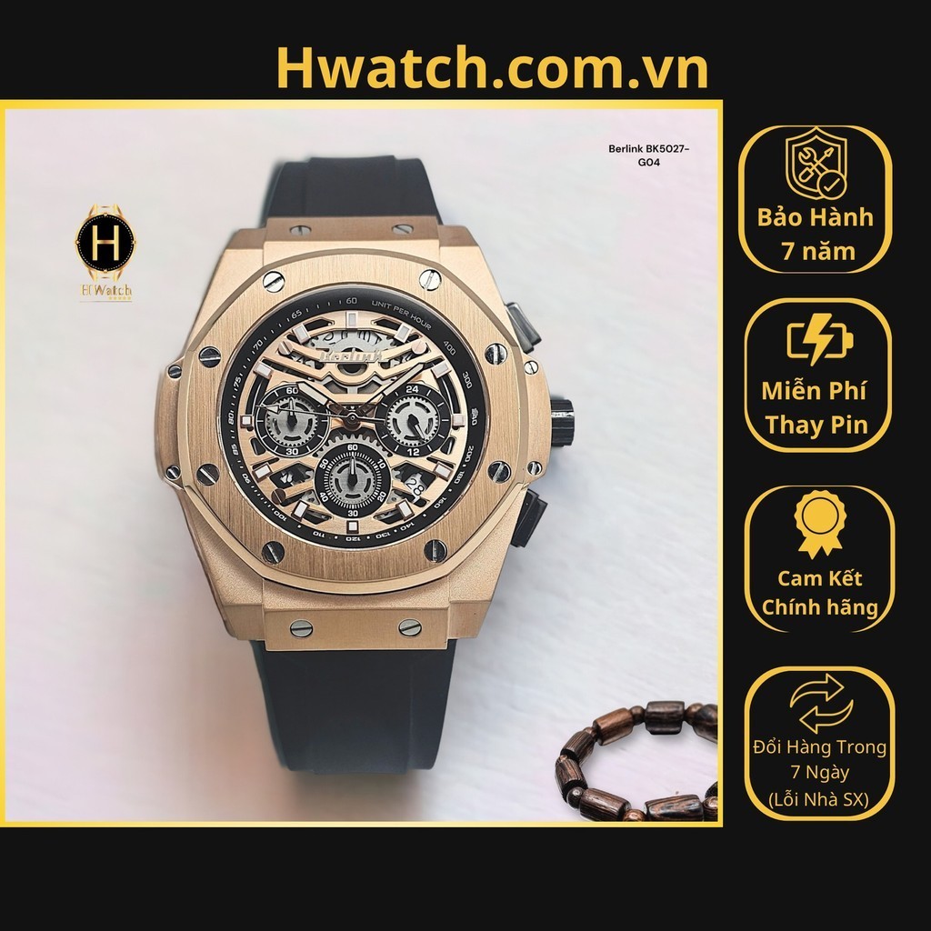 [Có sẵn] [Chính hãng] Đồng Hồ Nam Berlink Pin BK5027-G04 Dây Casu Vỏ Rose Mặt Rose Sapphire HwatchAu