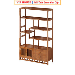 Kệ Trưng Bày Bằng Gỗ Tre Nhiều Tầng, Giá Sách Kèm Tủ Tân Cổ Điển Decor Phòng Khách Đẹp, Kệ Để Đồ Trang Trí