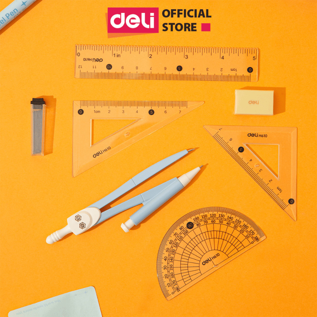 Bộ 7 dụng cụ đo lường Deli - Compa, Eke, Thước kẻ, Bút chì, Thước đo góc, Ngòi Chì,Tẩy