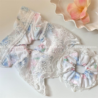Xanh nhạt Hoa Hoạt Hình Chó Con Dây Buộc Tóc Dễ Thương Nữ Tính Khí Họa Tiết Ren Viền Scrunchy Dây Buộc Tóc