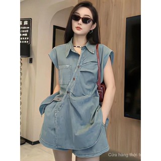 Retro Thời Trang Denim Phù Hợp Với Nữ Trạm Châu Âu Mùa Hè Phong Cách Mới Không Tay Phối Nút Top Quần Ống Rộng Sang Trọng Hai Mảnh Phù Hợp Với
