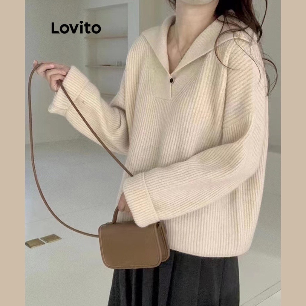Áo sweater Lovito đính nút màu trơn thường ngày cho nữ LNA30057 (Màu kaki/ mơ/ xám)