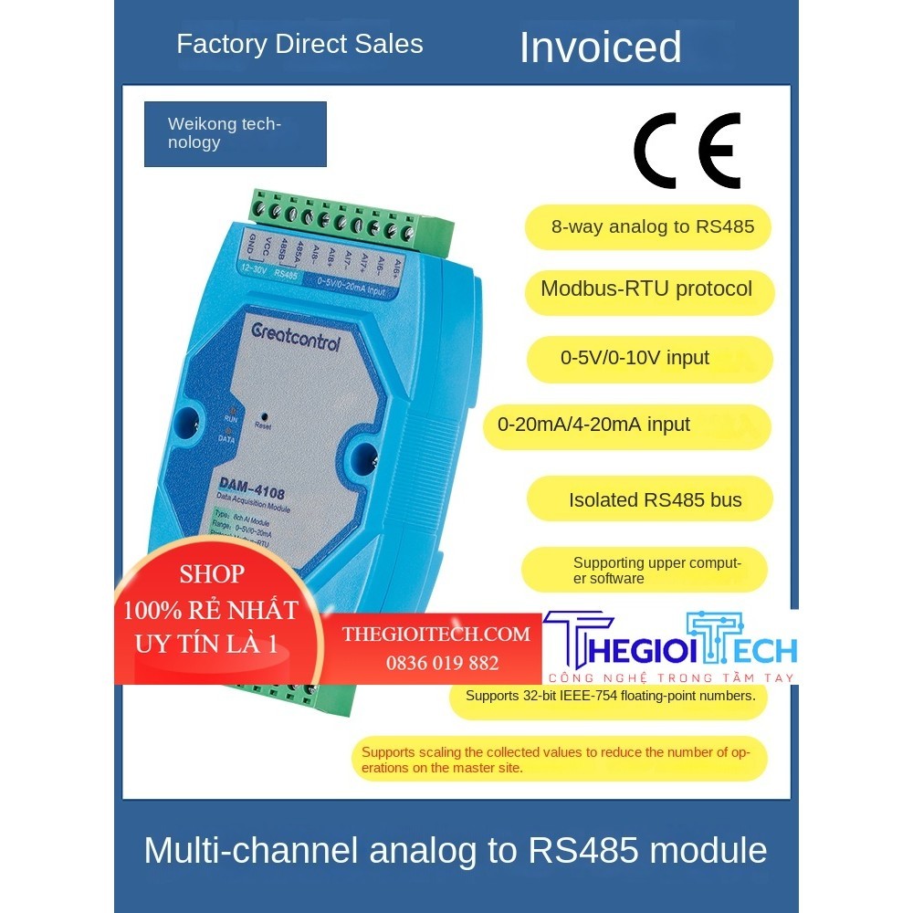 Thiết Bị Đa Kênh 4-20mA Đến RS485 Đa Kênh Điện Áp Tương Tự Đến Giao Thức Modbus Đầu Vào Vi Sai Độ Chính Xác Cao DAM-4108 - RS485 DAM-4108 - 0-20ma/4-20mA