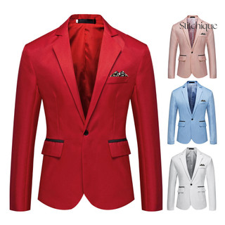 Stitchique _ Men Phù Hợp Với Áo Khoác Phong Cách Kinh Doanh Chính Thức Slim Fit Nút Đơn Áo Cardigan Màu Trơn Ve Áo Túi Dài Tay Satin Đi Bộ Văn Phòng Chổi Cưới Prom Tiệc Phù Hợp Với Áo Khoác