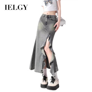 Ielgy Thiết kế đuôi cá xẻ ren màu xanh cổ điển váy denim cạp cao eo cao dành cho nữ