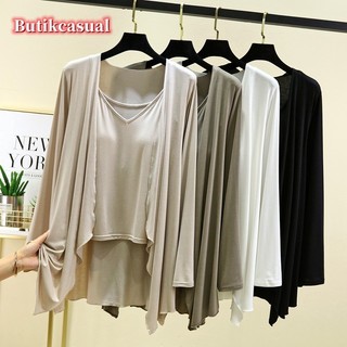 Phụ Nữ Modal Cổ Chữ V Treo Áo cardigan Tay Dài Bộ Mùa Hè Mỏng oversize Đa Năng top 2 Bộ