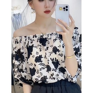 Áo Sơ Mi Hoa Pháp Một Vai Cổ Vuông Thiết Kế Thời Trang Giữa Tay Áo Sơ Mi Sang Trọng Tính Khí Thời Trang Hàng Đầu
