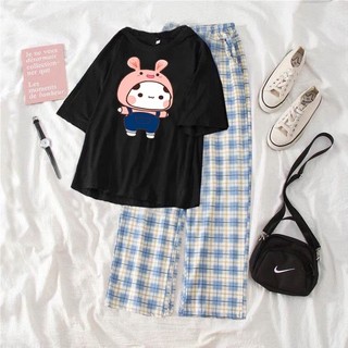 Sét Áo Cậu bé mũ hồng  quần kẻ karo, Đồ UNISEX mặc ở nhà và đi chơi, chất đẹp, mặc không xù DVGIT