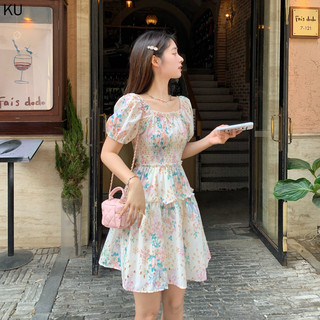 Phiên Bản Hàn Quốc Mùa Hè Nữ Váy Nhỏ Cổ Vuông Thêu Hoa Rỗng Tay Ngắn Nữ Ngắn Hẹp Sang Trọng Đầm Nhỏ Tay Phồng Ngắn S
