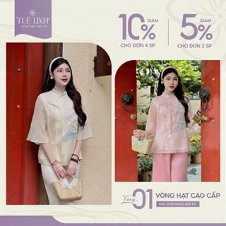 [B71] Đồ lam, bộ pháp phục, set quần áo đi lễ chùa nữ Tuệ Linh vải voan cổ tàu thêu hạc cúc tết thanh tịnh