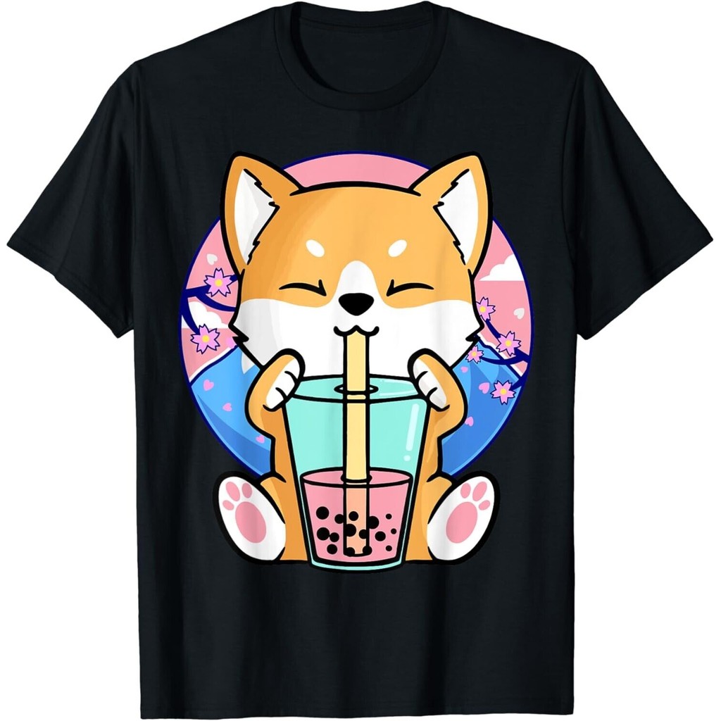 Kawaii Corgi Dog Bubble Tea Boba Anime Neko Áo thun Nhật Bản