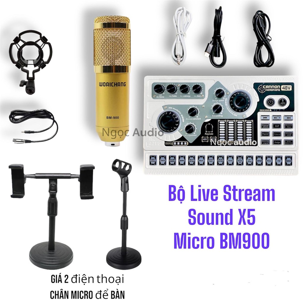 Trọn bộ hát live stream thu âm Sound card X5 2025 Tiếng Việt và Micro BM900 kèm chân mic ,chân điện 