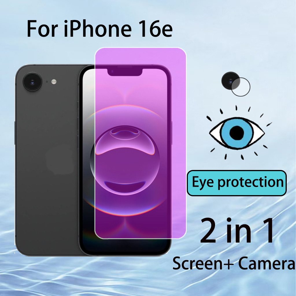 Bảo vệ màn hình kính cường lực chống xanh 2 trong 1 9D iPhone 16e cho iPhone 16e 15 16 Pro Plus 4G 5